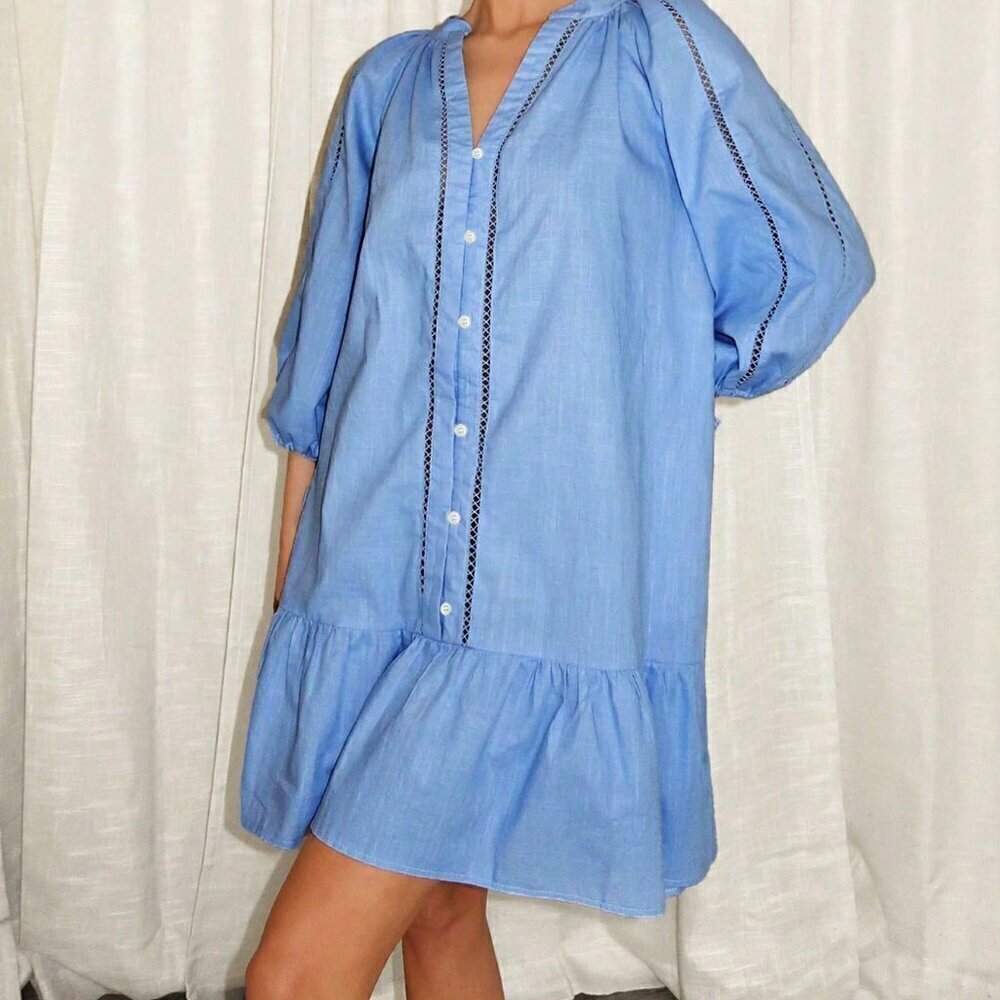 Baby Blue Cute Women's Summer Cotton Linen Ruffled Hem Dress - Picture 6 of 6